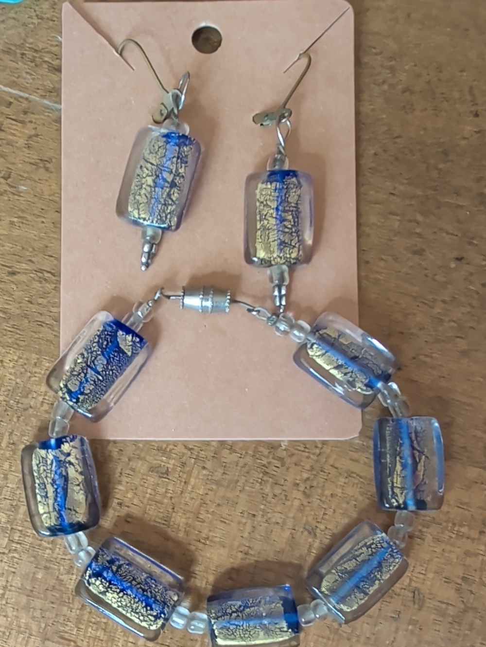 Blue and Gold Glass Bead Bracelet with Matching Earrings